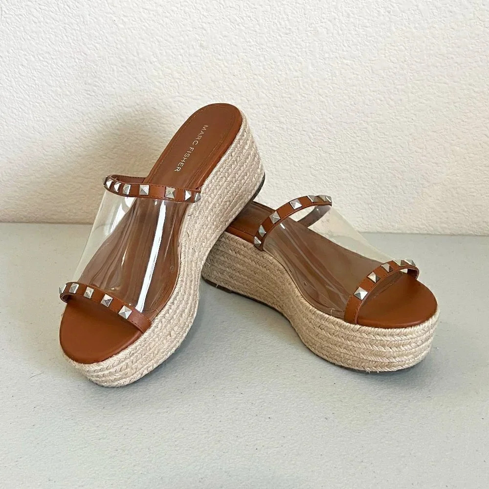 Marc Fisher Womens Leather Studded Espadrille Platform Sandals Brown Size 8 1/2M